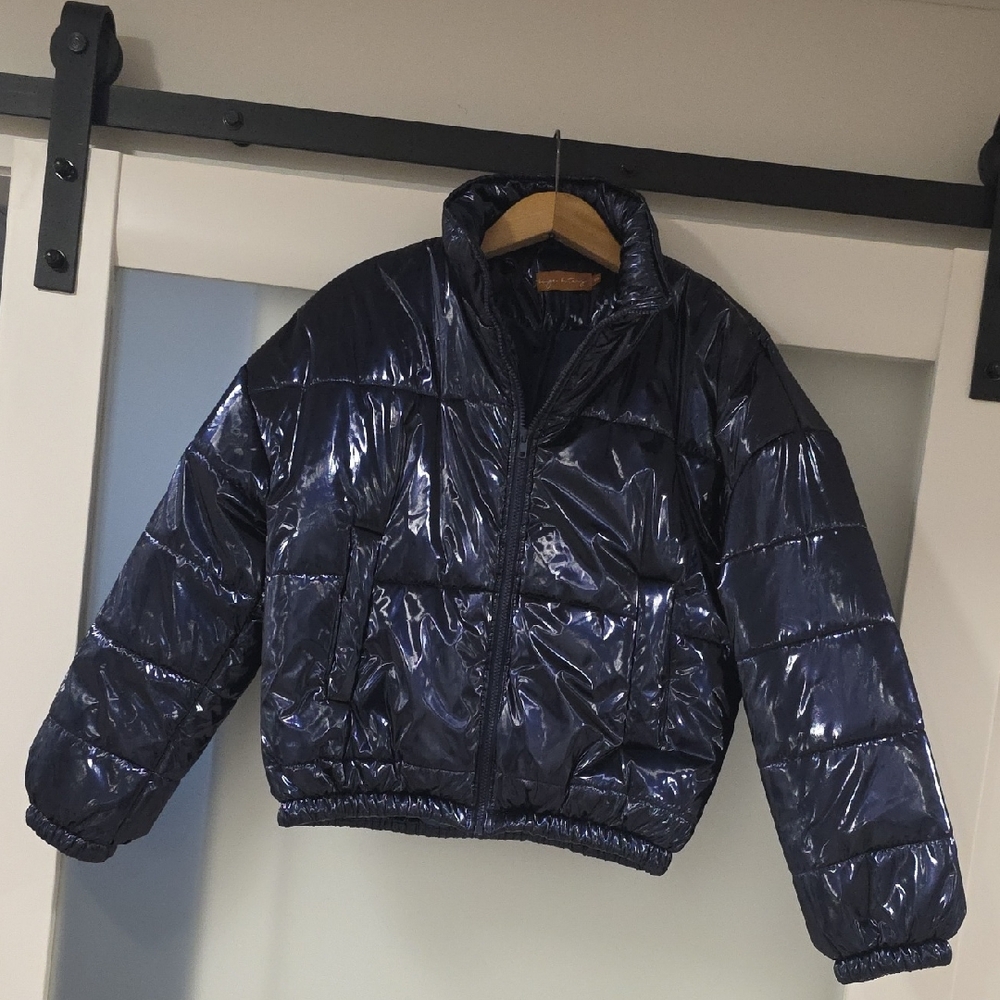 Metallic Navy Blue Shiny Puffer Bomber Jacket!